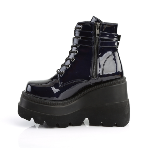 Platform Lace-Up Front Ankle Boots with Double Buckled Ankle Straps and Inner Side Zip