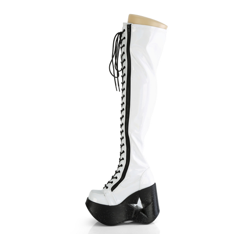 Star Cutout Platform Wedge Lace-Up Stretch Thigh-High Boots with Full-Length Outside Metal Zip