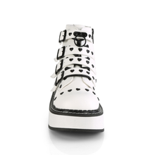 Load image into Gallery viewer, Platform Lace-Up Front Ankle Boots with Buckle Straps, O-Ring Detail, Heart Stud Accents, and Inner Side Zip

