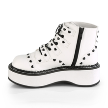 Load image into Gallery viewer, Platform Lace-Up Front Ankle Boots with Buckle Straps, O-Ring Detail, Heart Stud Accents, and Inner Side Zip
