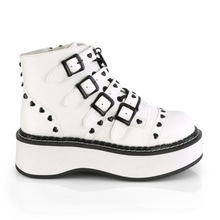 Load image into Gallery viewer, Platform Lace-Up Front Ankle Boots with Buckle Straps, O-Ring Detail, Heart Stud Accents, and Inner Side Zip
