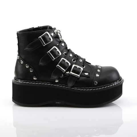 Platform Lace-Up Front Ankle Boots with Buckle Straps, O-Ring Detail, Heart Stud Accents, and Inner Side Zip