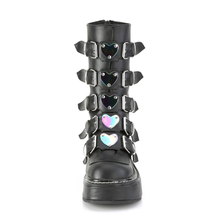 Load image into Gallery viewer, Mid-Calf Boots with 5 Buckle Straps, Colorful Heart-Shaped Metal Plates, and Back Metal Zip Closure
