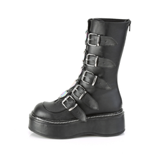 Load image into Gallery viewer, Mid-Calf Boots with 5 Buckle Straps, Colorful Heart-Shaped Metal Plates, and Back Metal Zip Closure
