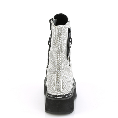 2" Platform Mid-Calf Lace-Up Boots with Rhinestone Covered Upper, Zip Closure Pocket, and Inner Side Metal Zip