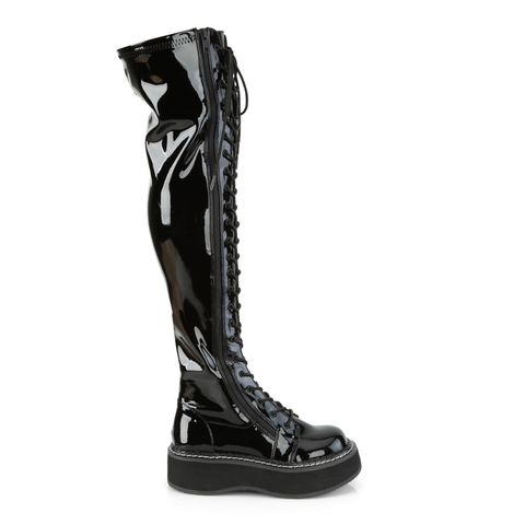 2" Platform Stretch Thigh-High Lace-Up Boots with Outer Metal Zip Closure