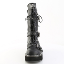 Load image into Gallery viewer, 2" Platform Lace-Up Front Mid-Calf Boots with Skeleton Buckle Straps, Spikey Stud Detail, and Devil O-Ring Ornament
