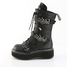 Load image into Gallery viewer, 2" Platform Lace-Up Front Mid-Calf Boots with Skeleton Buckle Straps, Spikey Stud Detail, and Devil O-Ring Ornament
