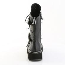 Load image into Gallery viewer, 2" Platform Lace-Up Front Mid-Calf Boots with Skeleton Buckle Straps, Spikey Stud Detail, and Devil O-Ring Ornament
