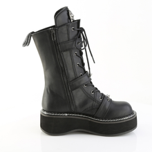 Load image into Gallery viewer, 2" Platform Lace-Up Front Mid-Calf Boots with Skeleton Buckle Straps, Spikey Stud Detail, and Devil O-Ring Ornament
