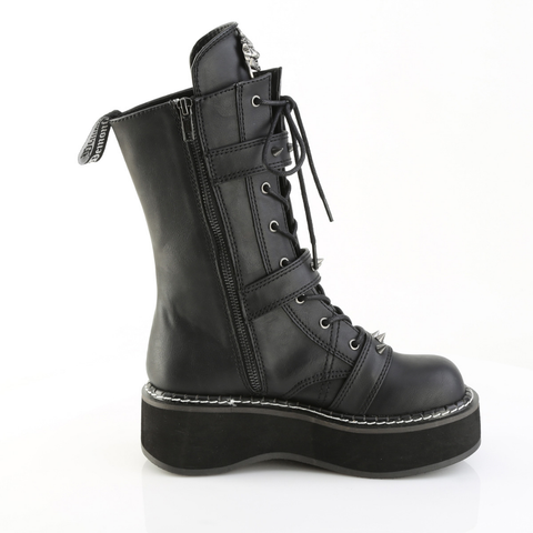 2" Platform Lace-Up Front Mid-Calf Boots with Skeleton Buckle Straps, Spikey Stud Detail, and Devil O-Ring Ornament