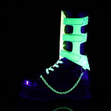 Load image into Gallery viewer, 2 3/4" Platform Lace-Up Mid-Calf Boots with Chrome Metal Toe Cap, UV Reactive Acrylic Shield, and Harness Chain Details
