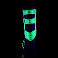 Load image into Gallery viewer, 2 3/4" Platform Lace-Up Mid-Calf Boots with Chrome Metal Toe Cap, UV Reactive Acrylic Shield, and Harness Chain Details
