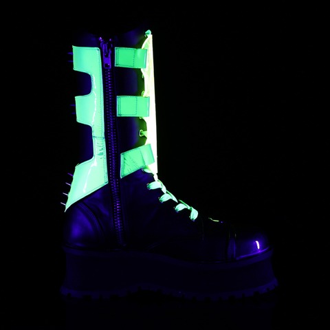 2 3/4" Platform Lace-Up Mid-Calf Boots with Chrome Metal Toe Cap, UV Reactive Acrylic Shield, and Harness Chain Details