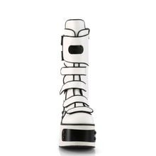 Load image into Gallery viewer, 4 1/2" Metal Plated Platform Strappy Mid-Calf Boots with Front Shield Detail and Inner Side Metal Zip
