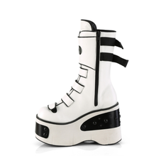 Load image into Gallery viewer, 4 1/2" Metal Plated Platform Strappy Mid-Calf Boots with Front Shield Detail and Inner Side Metal Zip
