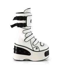 Load image into Gallery viewer, 4 1/2" Metal Plated Platform Strappy Mid-Calf Boots with Front Shield Detail and Inner Side Metal Zip
