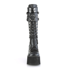 Load image into Gallery viewer, 4 1/2" Platform D-Ring Lace-Up Knee-High Boots with Adjustable Shield and Oversized O-Ring Detail
