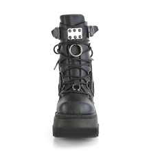 Load image into Gallery viewer, 4.5" (114mm) Wedge Platform Lace-Up Ankle Boots with Dual Buckles, Studded Panels &amp; Metal Hardware Details
