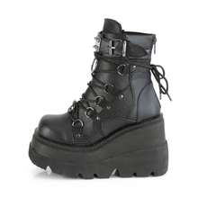 Load image into Gallery viewer, 4.5" (114mm) Wedge Platform Lace-Up Ankle Boots with Dual Buckles, Studded Panels &amp; Metal Hardware Details
