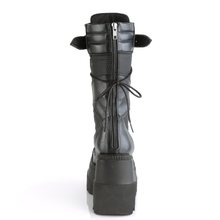 Load image into Gallery viewer, 4.5" Wedge Platform Lace-Up Mid-Calf Boots with Curvy Contrast Panels, Horseshoe Ring &amp; Metal Hardware Details
