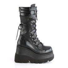 Load image into Gallery viewer, 4.5" Wedge Platform Lace-Up Mid-Calf Boots with Curvy Contrast Panels, Horseshoe Ring &amp; Metal Hardware Details
