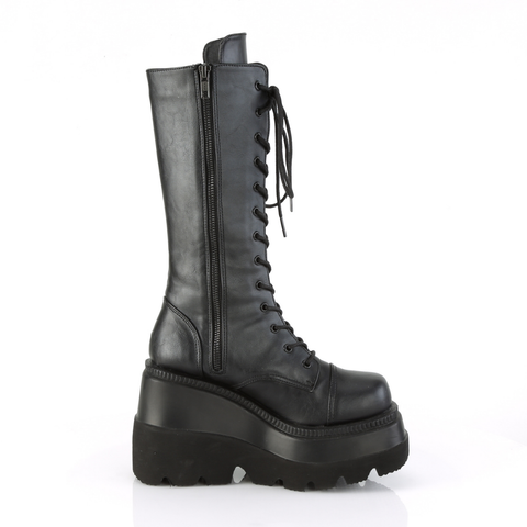 4.5" (114mm) Wedge Platform Lace-Up Front Mid-Calf Boots with Inner Side Zip Closure