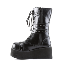 Load image into Gallery viewer, Goth Punk Calf Boots with Wrap-Around Strap and Inner Side Zip Closure
