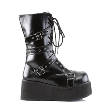 Load image into Gallery viewer, Goth Punk Calf Boots with Wrap-Around Strap and Inner Side Zip Closure
