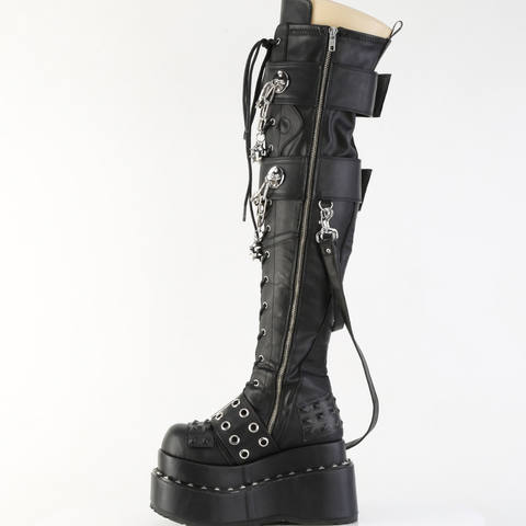 Platform Over The Knee Boots – Studded Pyramid Stretch Boots with Buckle Straps and Chain Detail