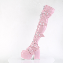 Load image into Gallery viewer, Chunky Heel Lace-Up Stretch Thigh-High Boots with Buckle Straps and Inner Side Metal Zip
