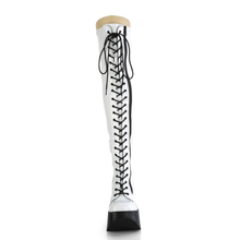 Load image into Gallery viewer, Star Cutout Platform Wedge Lace-Up Stretch Thigh-High Boots with Iridescent Glitter Sole and Outer Zip
