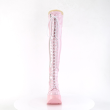 Load image into Gallery viewer, Star Cutout Platform Wedge Lace-Up Stretch Thigh-High Boots with Iridescent Glitter Sole and Outer Zip
