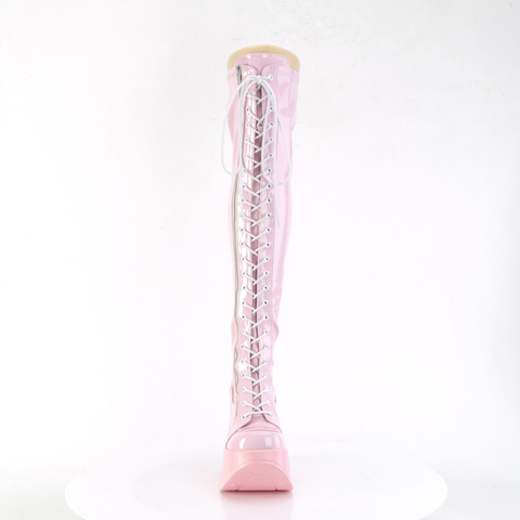 Star Cutout Platform Wedge Lace-Up Stretch Thigh-High Boots with Iridescent Glitter Sole and Outer Zip