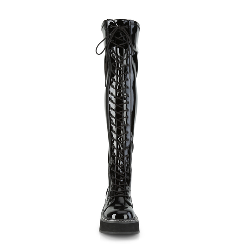 Platform Stretch Thigh-High Lace-Up Boots with Outer Metal Zip Closure