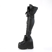 Load image into Gallery viewer, 4 1/2” Wedge Platform D-Ring Lace-Up Thigh-High Boots with Adjustable Straps &amp; Removable Oversized Bows
