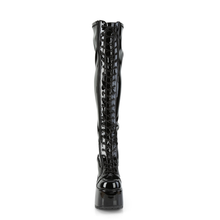 Load image into Gallery viewer, Chunky 5 Inch Heel Stretch Thigh-High Boots with Full Length Side Metal Zip
