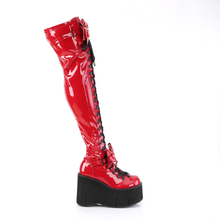 Load image into Gallery viewer, 4 1/2” Wedge Platform D-Ring Lace-Up Thigh-High Boots with Adjustable Straps &amp; Removable Oversized Bows
