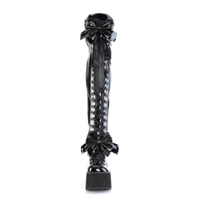 Load image into Gallery viewer, 4 1/2” Wedge Platform D-Ring Lace-Up Thigh-High Boots with Adjustable Straps &amp; Removable Oversized Bows
