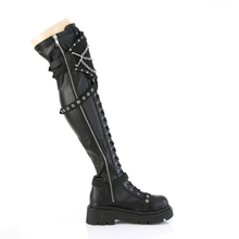 Load image into Gallery viewer, Tiered Platform Stretch Over-The-Knee Boots, Shield Strap, Chain &amp; Stud Details

