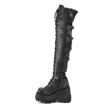 Load image into Gallery viewer, Over-The-Knee Boots with Front Buckle Straps, Back Stretch Lace Panel &amp; Side Zip
