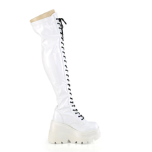 Load image into Gallery viewer, 4 1/2” Wedge Platform Lace-Up Stretch Thigh-High Boots with Full-Length Outer Metal Zip
