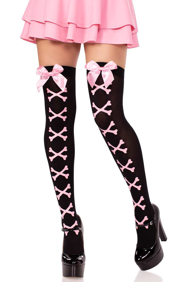 Opaque Cross Bone Thigh Highs with Satin Bow Accent – Creepy-Cute Perfection