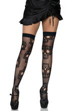 Load image into Gallery viewer, Sugar Skull Net Thigh Highs, Fishnet Stockings
