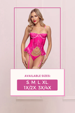 Load image into Gallery viewer, Lace and Mesh Bustier Set with Removable Garters and G-string
