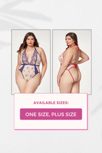 Load image into Gallery viewer, Sexy Mesh &amp; Floral Embroidery Halter Neck Teddy – Sheer Nude Mesh with High Cut Leg &amp; Thong Back
