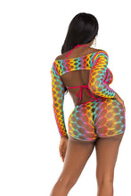 Load image into Gallery viewer, Rainbow hardcore net bra top, shrug, and boy shorts
