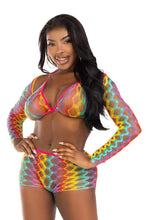 Load image into Gallery viewer, Rainbow hardcore net bra top, shrug, and boy shorts
