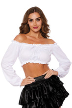 Load image into Gallery viewer, Pretty ‘N Peasant Off-Shoulder Top – Ruffled Knit Blouse with Bow Accent
