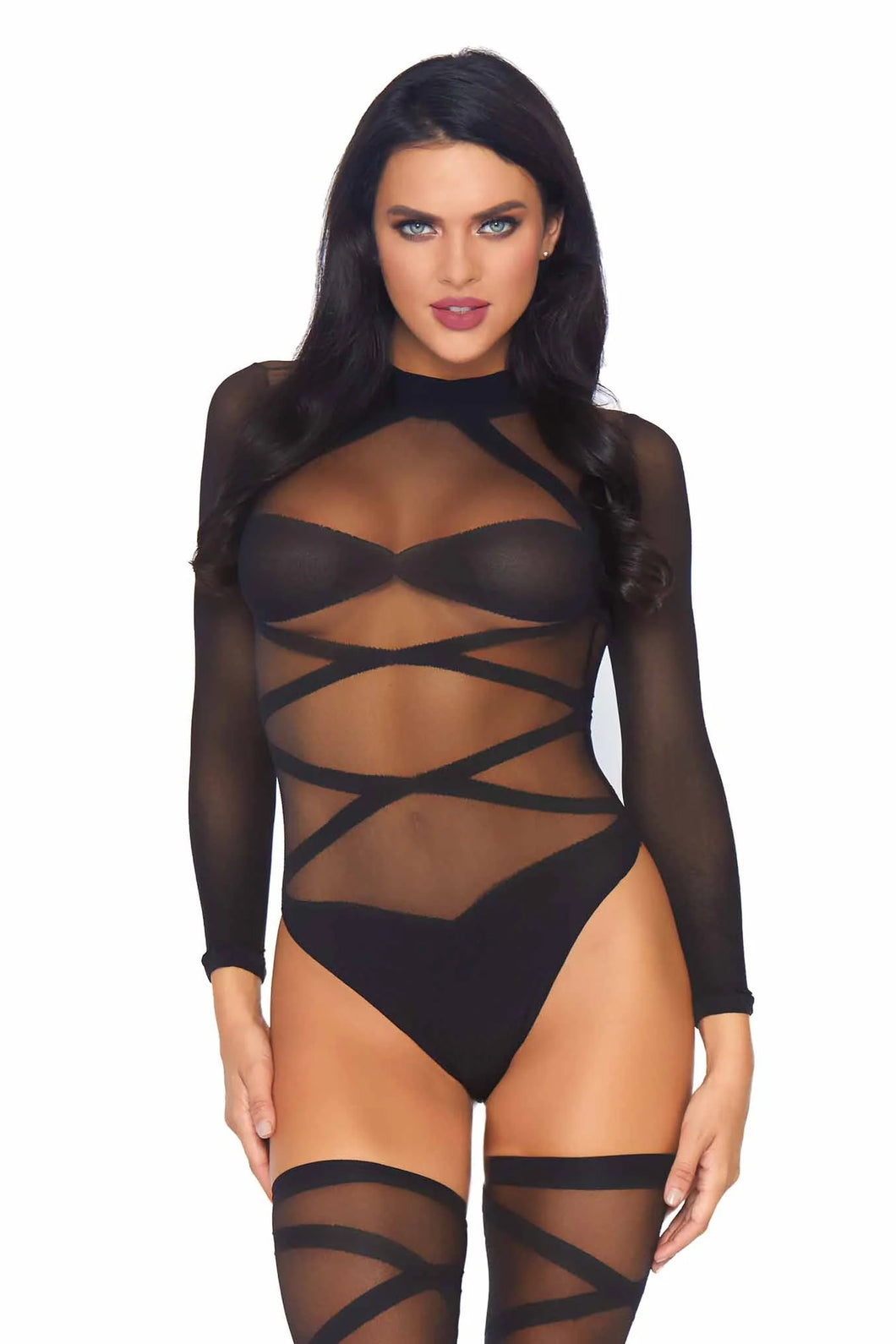 Truth Or Dare Bodysuit And Thigh Highs Set, Opaque Criss-Cross Lingerie Set